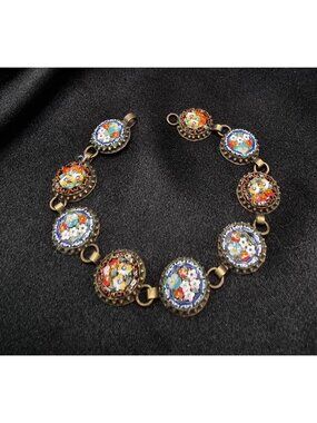 Antique Micro Mosaic Floral Bracelet With Brass Links Early 20th Century